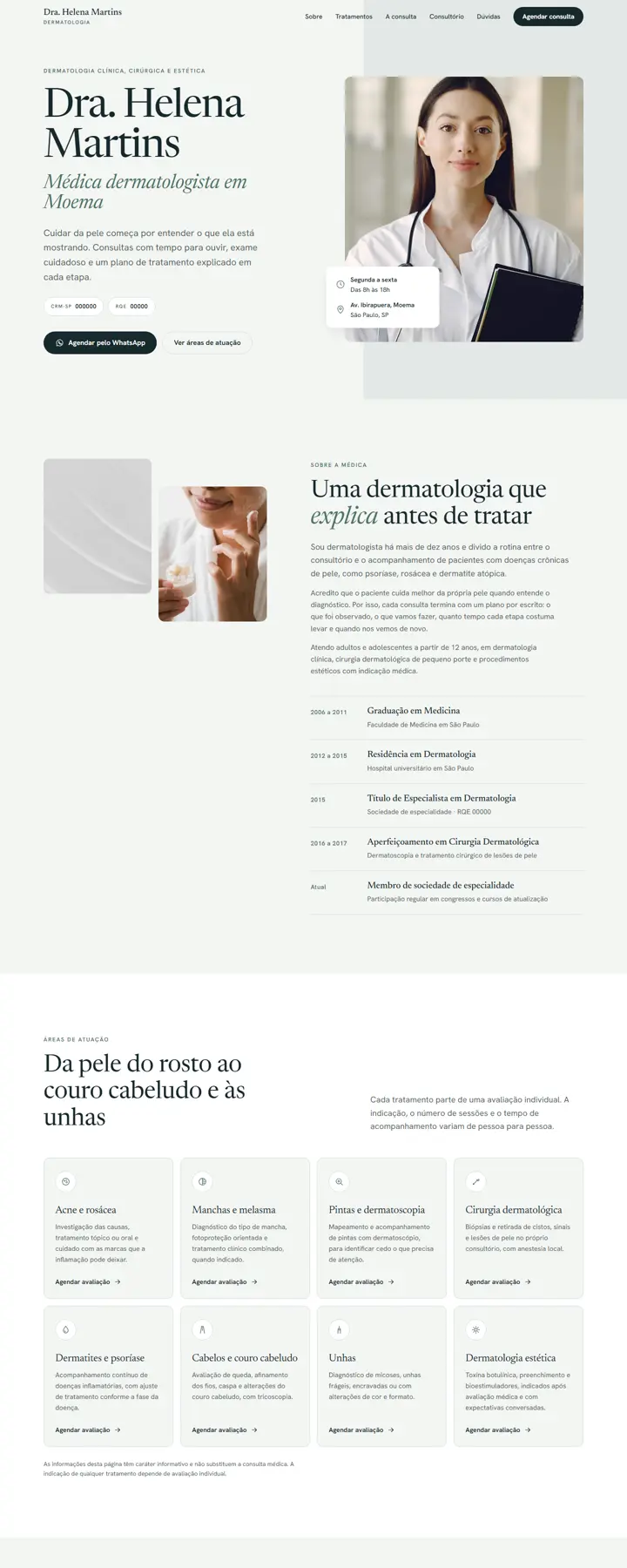 Página completa do site-modelo de dermatologista