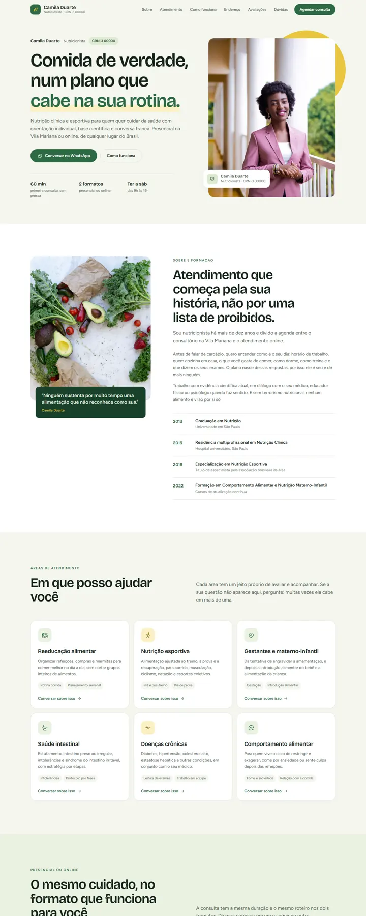 Página completa do site-modelo de nutricionista