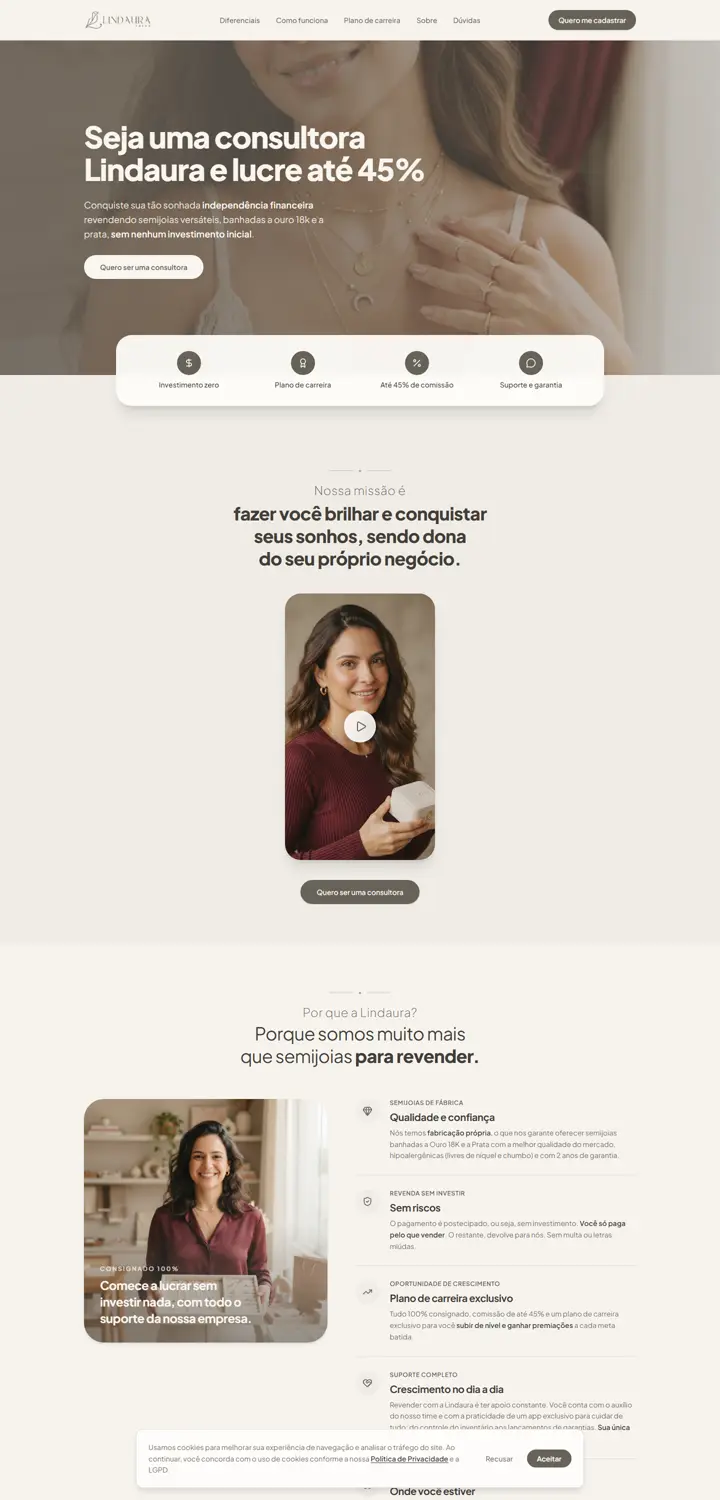Landing page de consultoras da Lindaura Joias