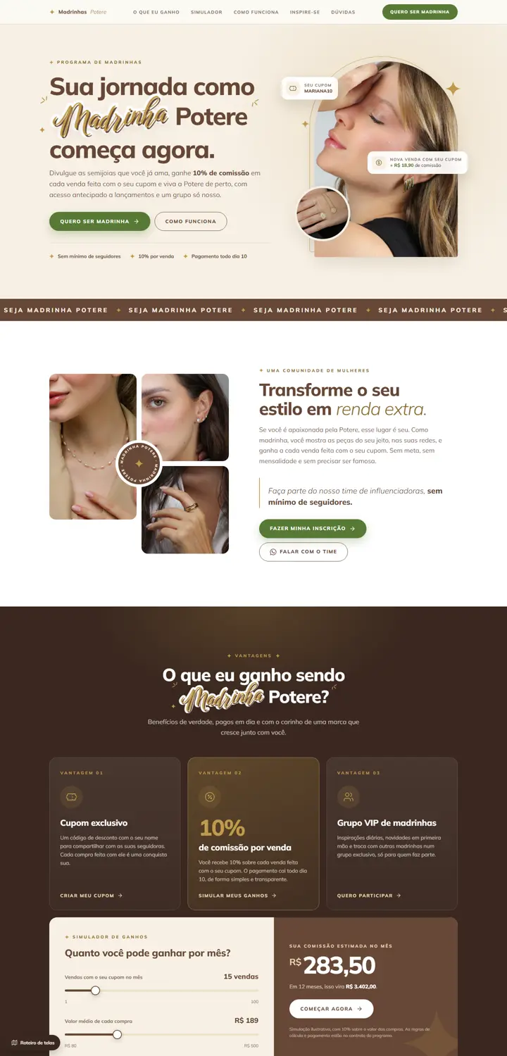 Landing page do programa de madrinhas da Potere