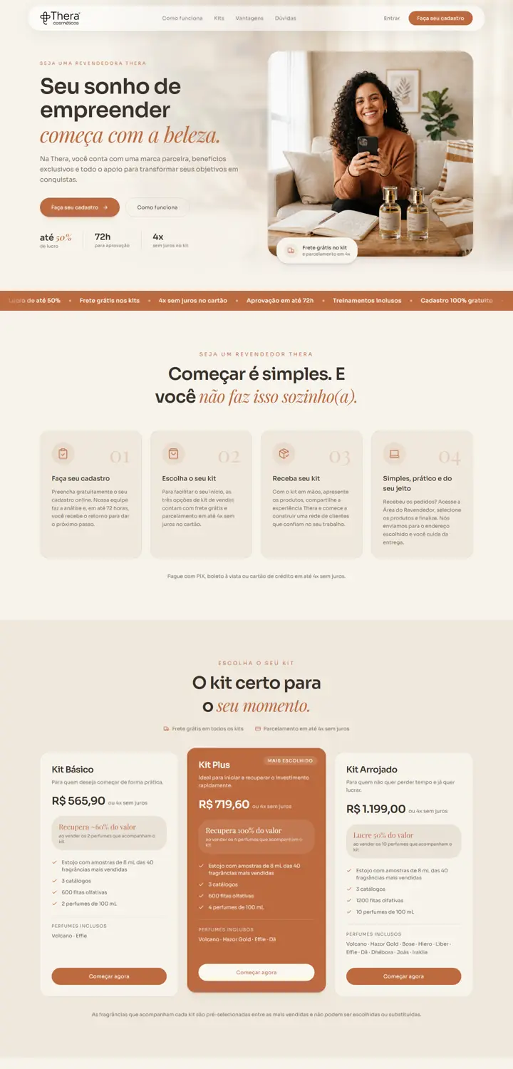 Landing page de revendedores da Thera Cosméticos